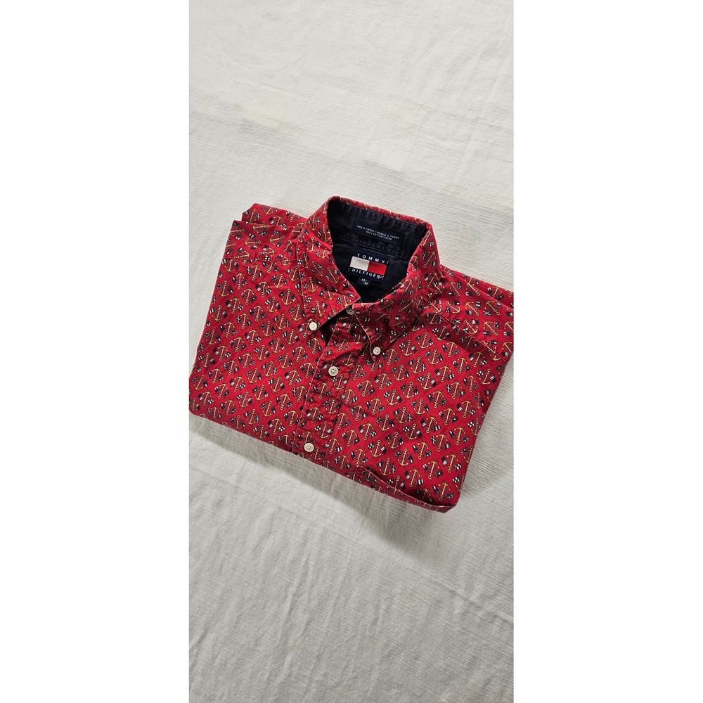 Tommy Hilfiger Mens Red Nautical Anchor Flag Print Short Sleeve Button Down M